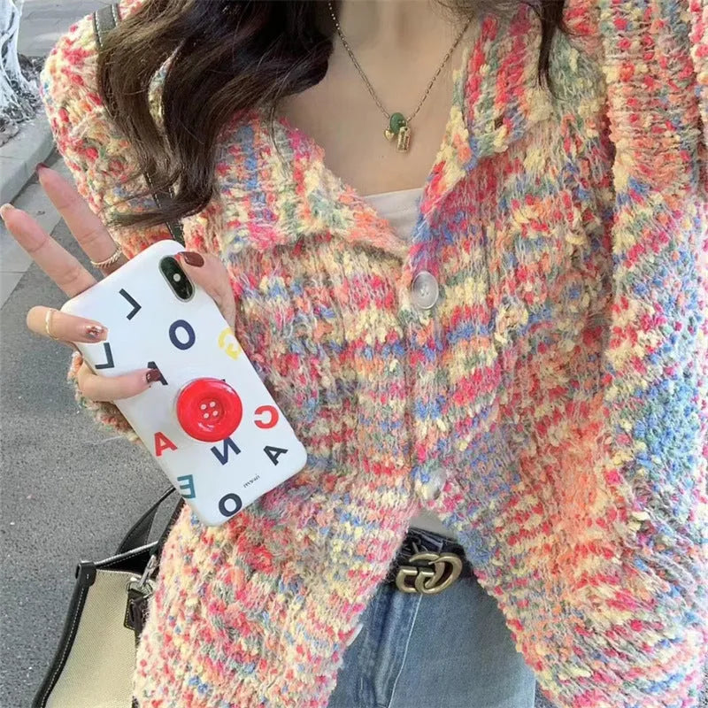 Retro style slim fit knitted cardigan sweater in pink and green colour options
