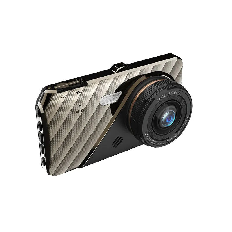 4 inch front and rear dual lens dash cam with touch screen display showing vehicle footage