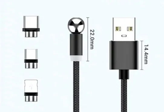 Black magnetic phone charging cable with spherical rotating connector and aluminium alloy ends on a white background.