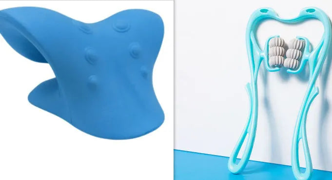 Blue manual swan-shaped neck massager with six rolling wheels and a natural crystal jade scraping board on a white background.