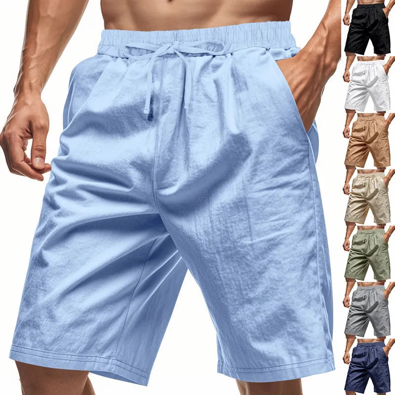 Men's linen beach shorts in solid colour, loose casual straight-leg five length, elasticated waist, summer