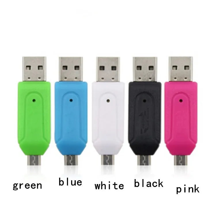 White OTG card reader with micro USB plug for Android phones and computers, with SD and TF card slots.