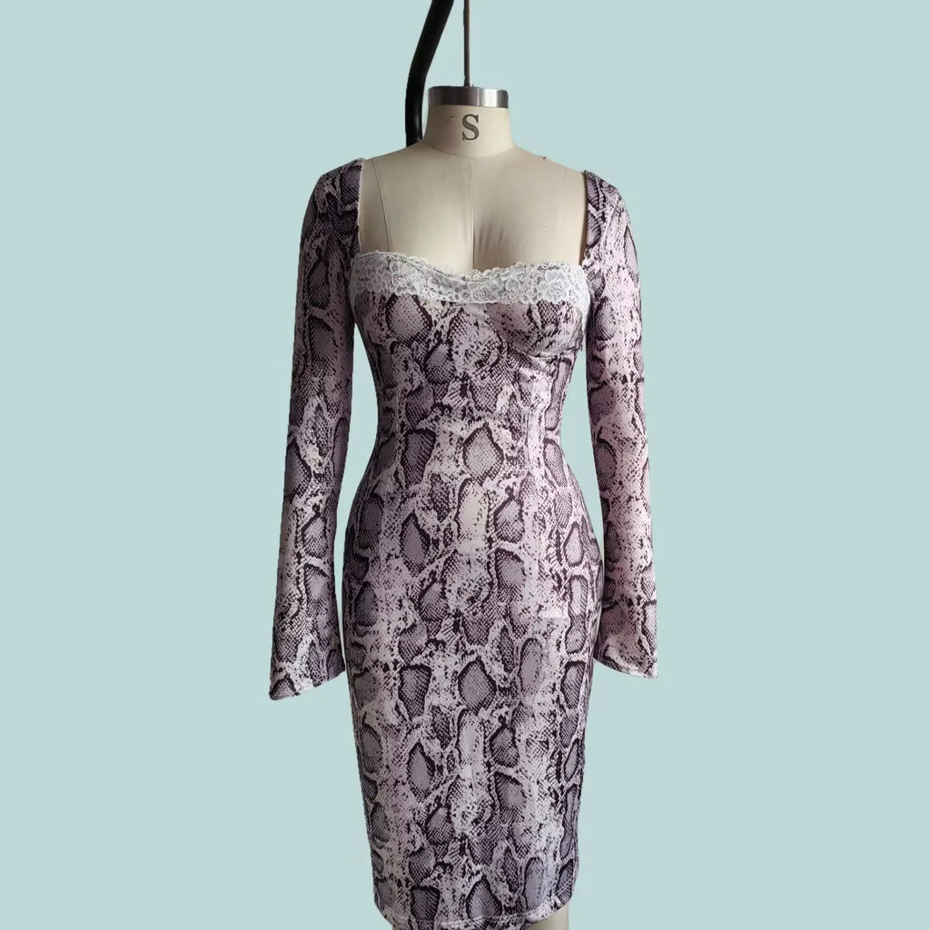 Grey women's slim fit lace dress with digital 3D print pattern and A-line skirt