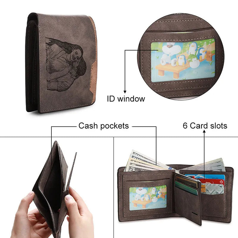 Engraved coffee-coloured PU horizontal short wallet showing personalisation and seven card slots