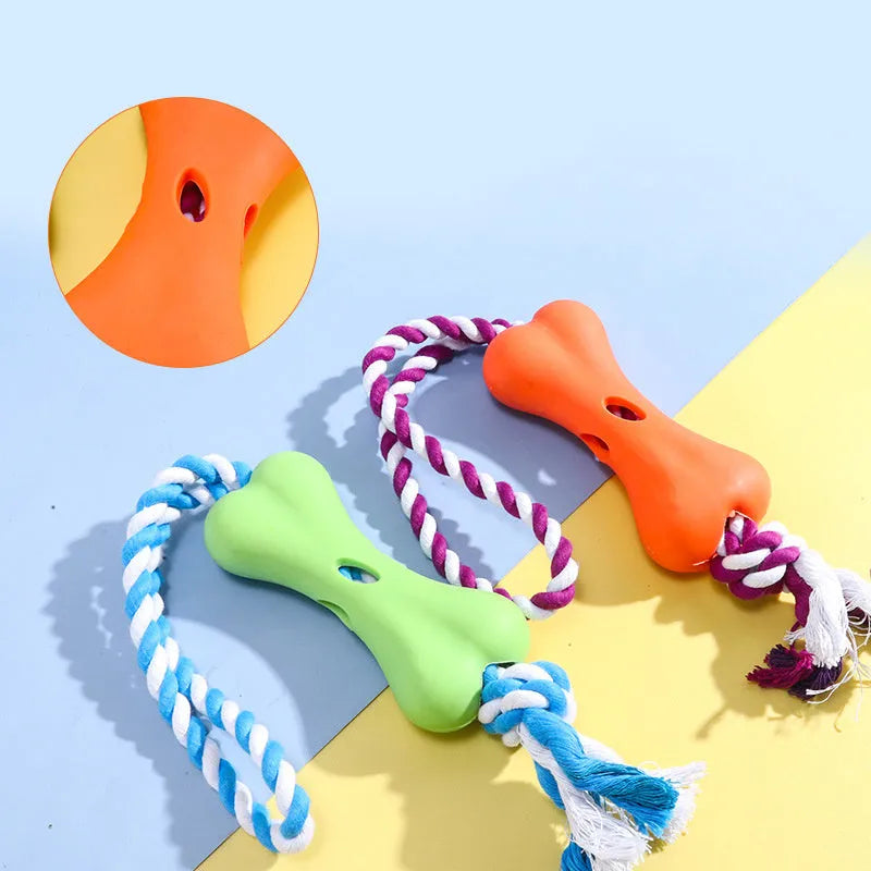 Green porous bone rope knot dog chewing toy for stuffing with treats