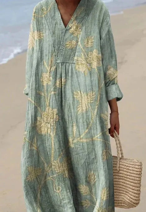 Women's casual floral 3D printed shirt dress with a wide waist and long skirt.