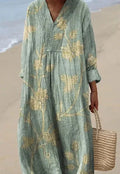 Women's casual floral 3D printed shirt dress with a wide waist and long skirt.