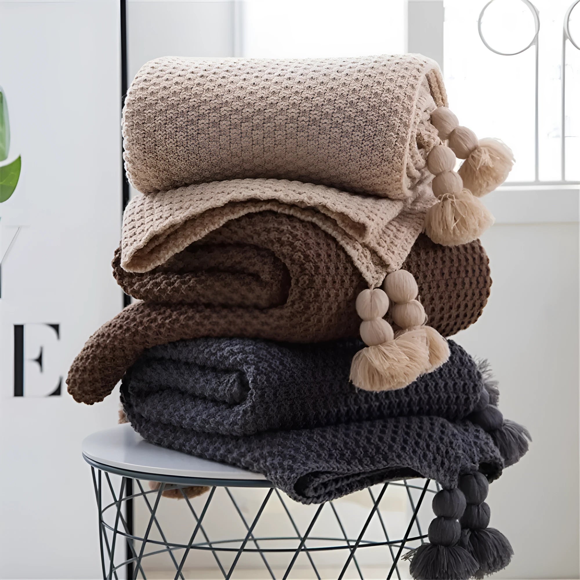 Nordic style fringed knit ball acrylic blanket in beige, brown, dark grey, or bean paste, size 130 by 170 cm.