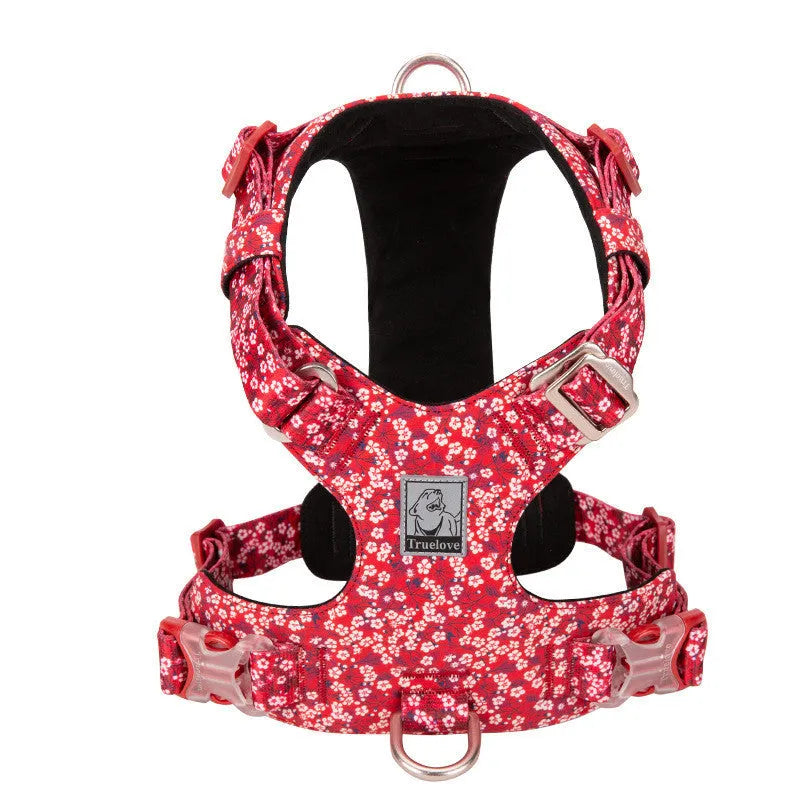 Floral pattern pure cotton dog harness chest strap in blue, green, or red, showing size range from XXS to XL.