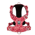 Floral pattern pure cotton dog harness chest strap in blue, green, or red, showing size range from XXS to XL.