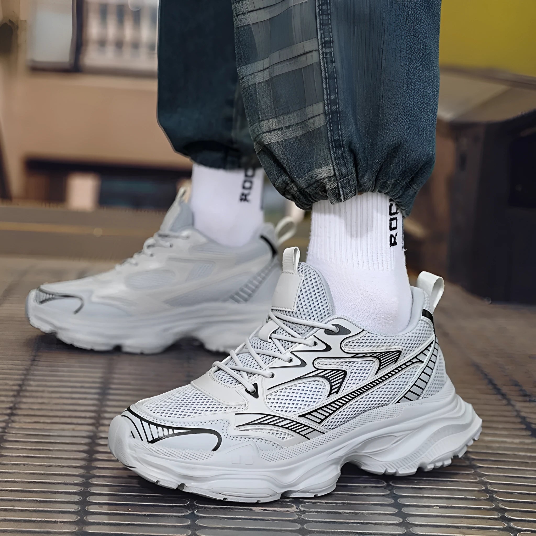 Men's casual breathable height increasing shoes with mesh upper and 10cm invisible lift, in white colour option
