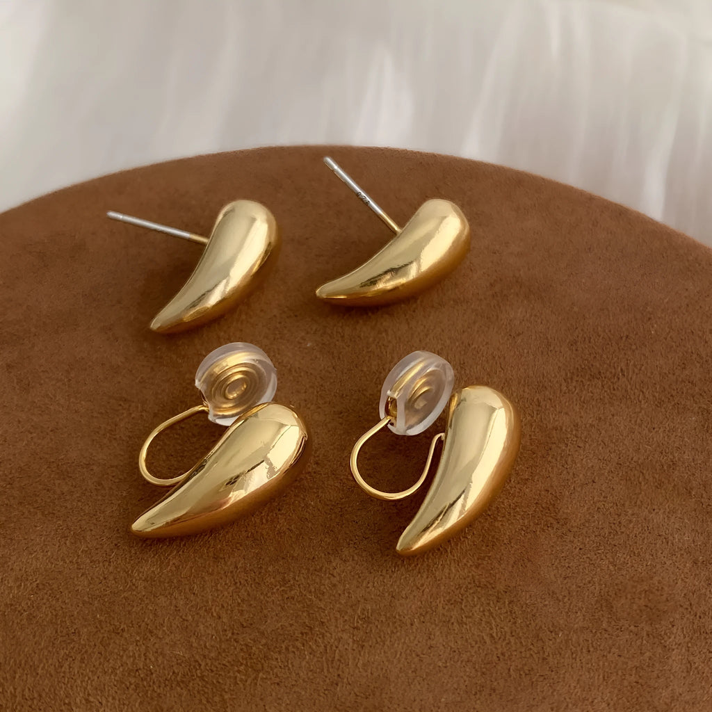 Geometric copper droplet earrings for women with electroplated finish, available as ear clips or studs