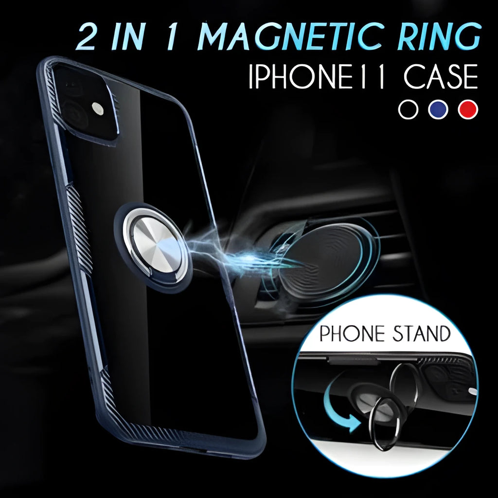 Black PU leather iPhone case with a built-in kickstand and car vent clip extended.