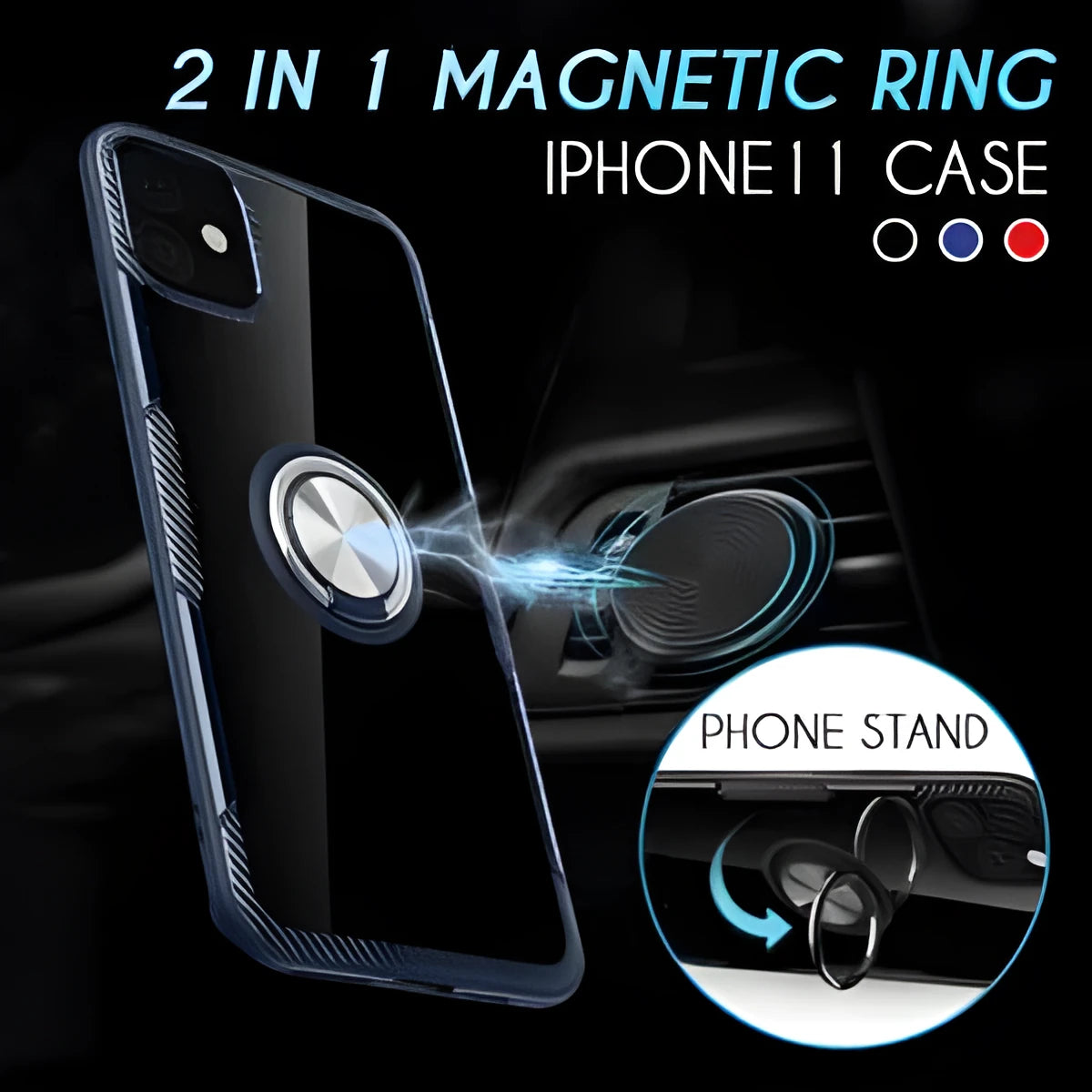Black PU leather iPhone case with a built-in kickstand and car vent clip extended.