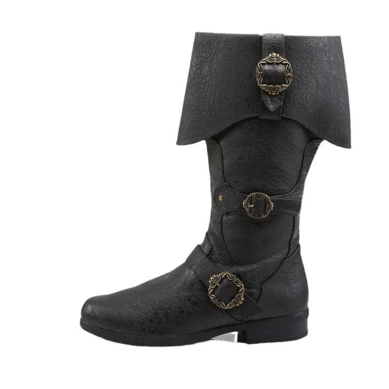 Medieval Renaissance cosplay boots in dark brown with high shaft, chunky heel, and turn-up design