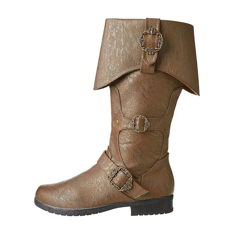 Medieval Renaissance cosplay boots in dark brown with high shaft, chunky heel, and turn-up design
