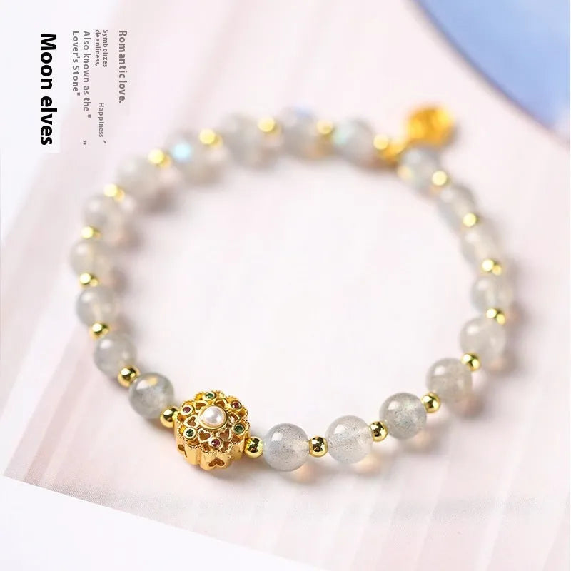 Hand-woven crystal bracelet with grey Moonstone, pink Sunstone and peach strawberry quartz 6mm beads