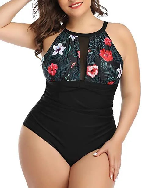 Women's one-piece swimsuit with lace detailing in black, stripes, and red flower colours