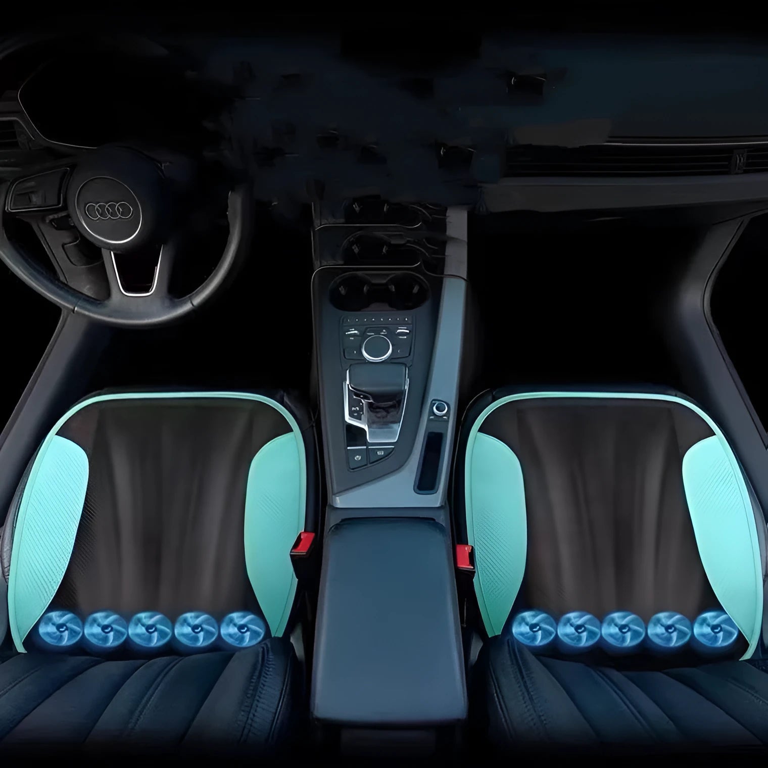 USB-powered car seat ventilation cushion with fan units visible, shown in black suede and beige ice silk styles.