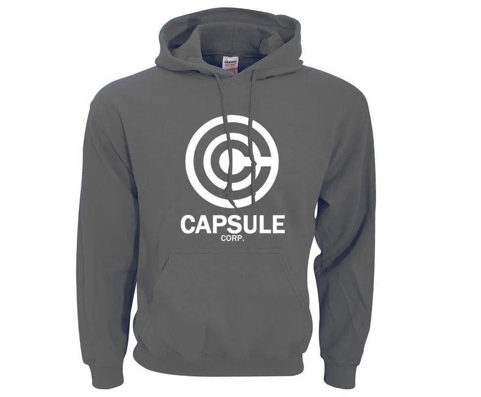 Capsule Corp men's hip hop hoodie with print pattern, turn-down collar, and hood in black white colourway