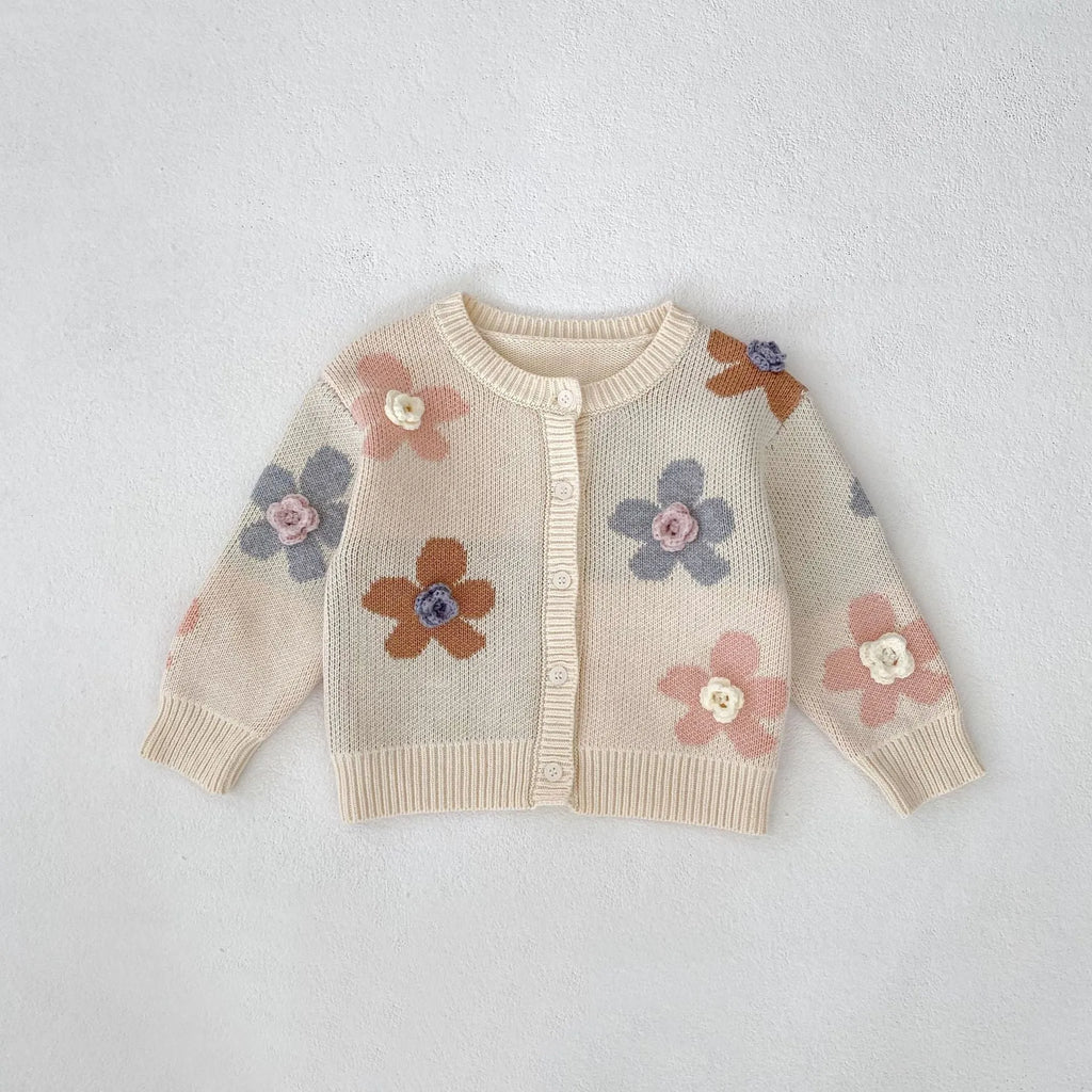 Hand crocheted flower jacquard round neck cardigan knitted coat for babies in milky white cotton fabric