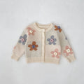 Hand crocheted flower jacquard round neck cardigan knitted coat for babies in milky white cotton fabric