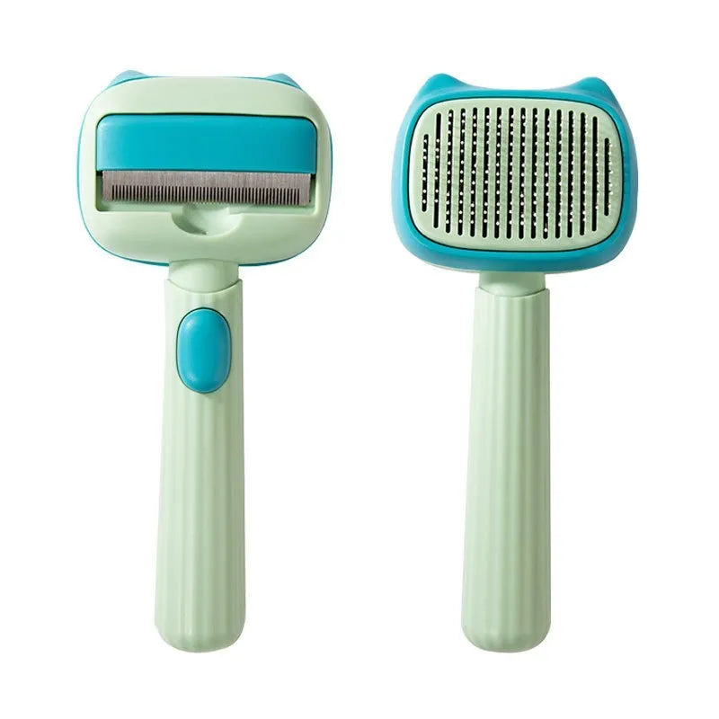 Blue and green double-sided pet grooming brush with deshedding rake and dematting comb