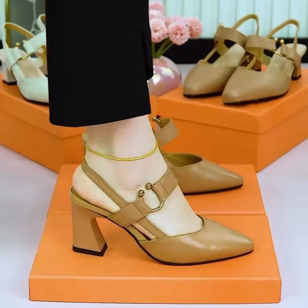 Women's closed toe leather sandals with chunky heel in apricot colour