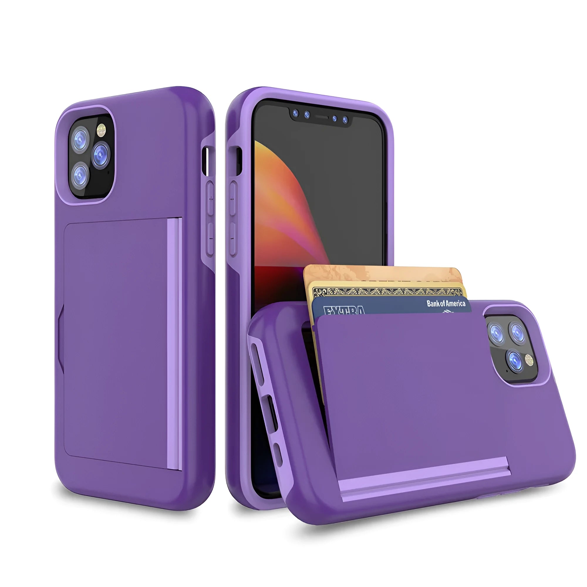 iPhone 11 protective case in six solid colours: black, red, pink, dark blue, blue, and purple.