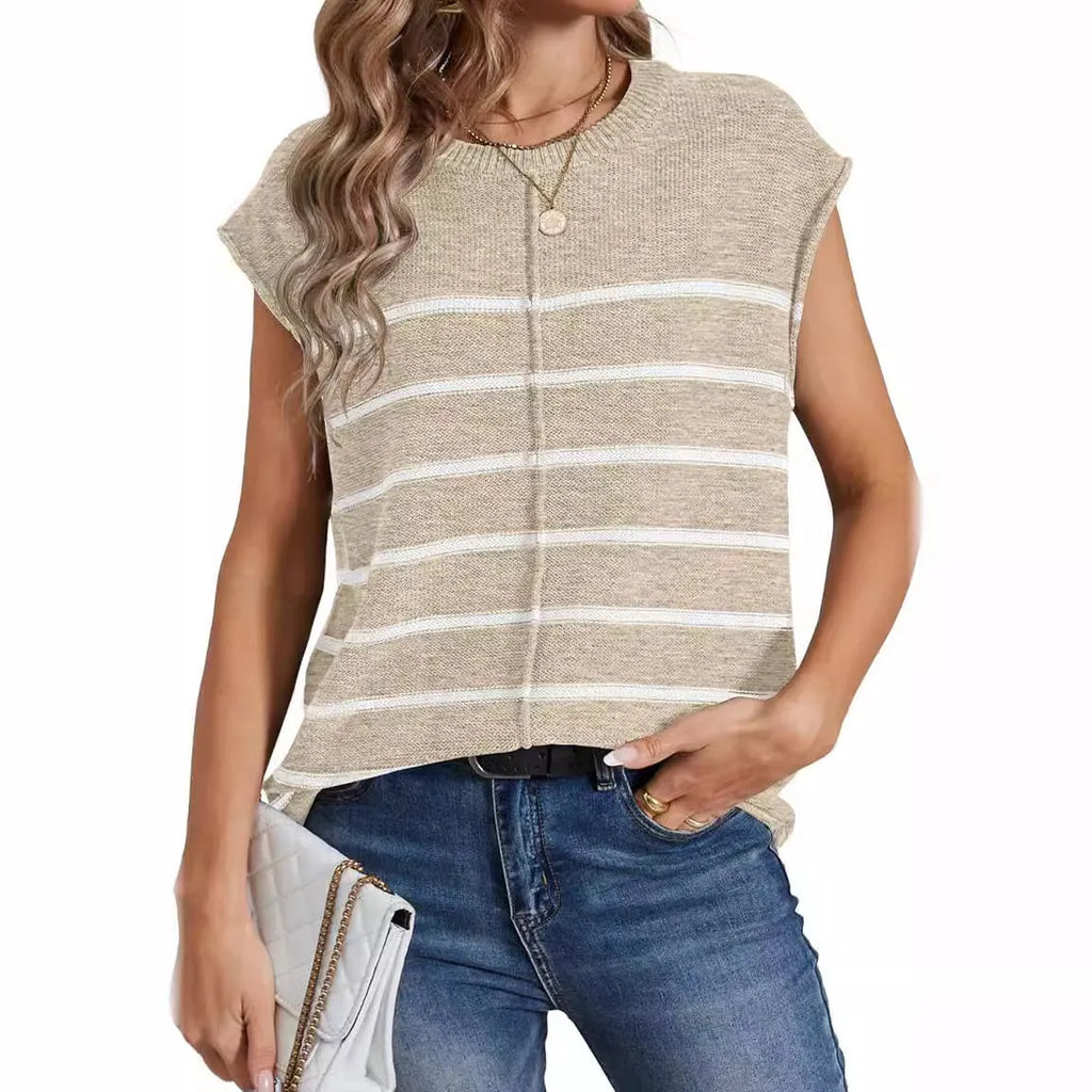 A woman's striped sleeveless pullover vest in acrylic fabric on a hanger, showing bone stitch detailing.