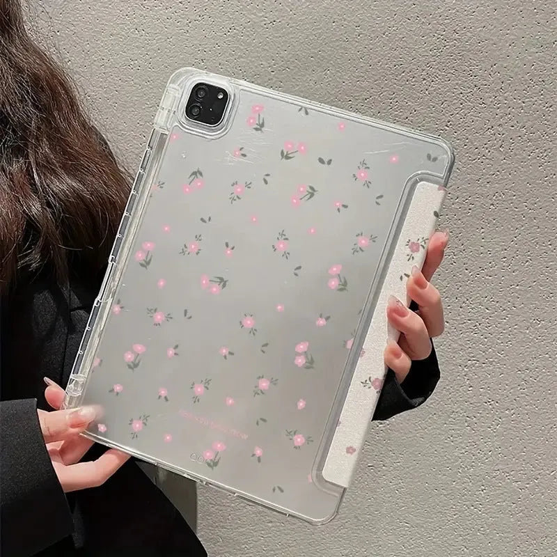 Transparent floral patterned tri-fold iPad case showing magnetic stand function