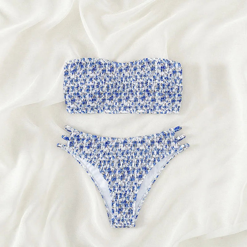 Women's strapless floral bikini set with high-waisted briefs on a white background