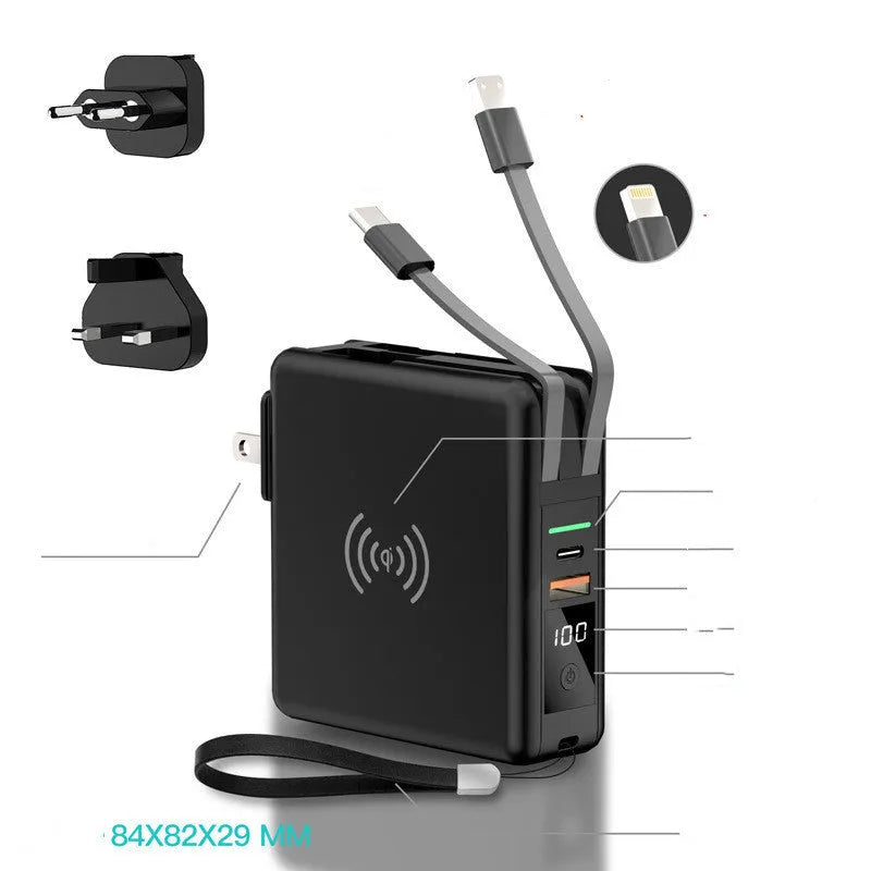 Black and white power bank with built-in plug and set of international travel adapters.