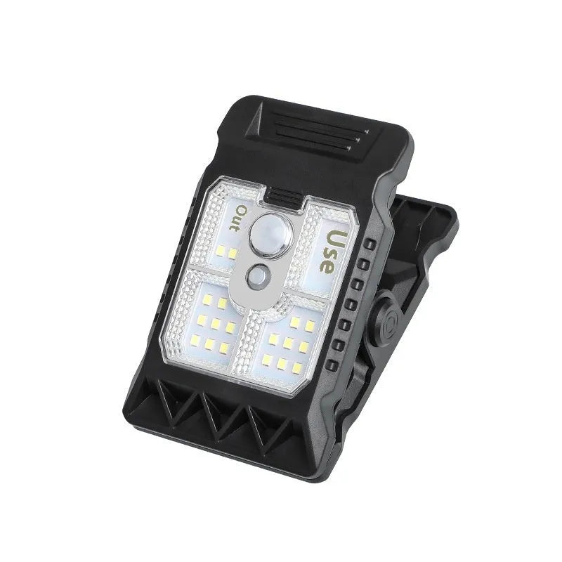 Compact white clip lamp with motion sensor for automatic indoor and outdoor lighting.