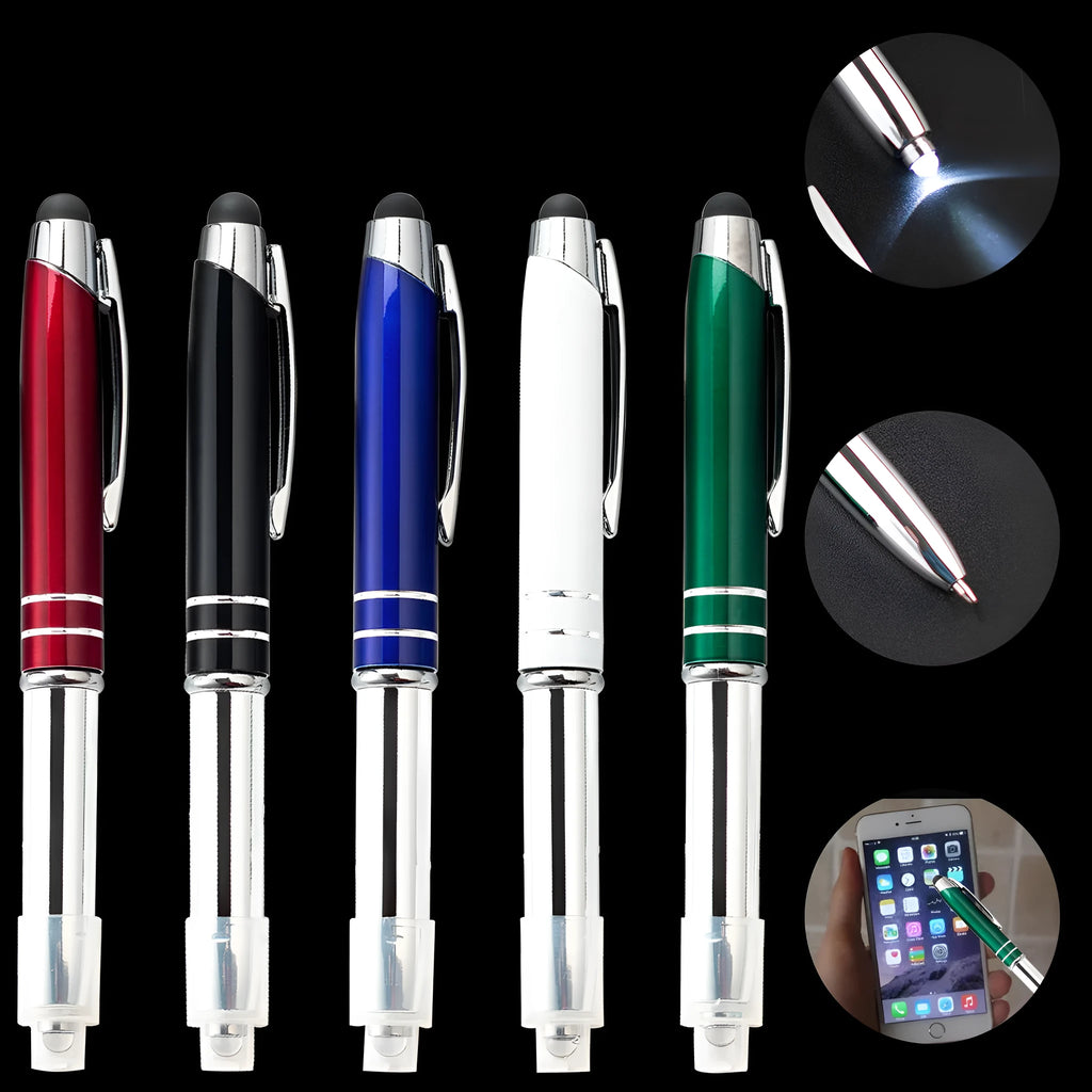 Multifunctional metal ballpoint pen with capacitive stylus tip and LED light in five colour options
