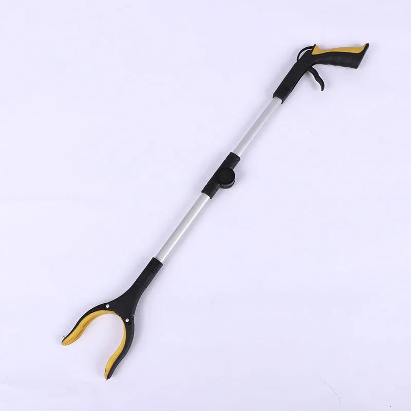 Foldable silver aluminium garbage clamp with blue handle, shown extended and with magnet sucker detail.
