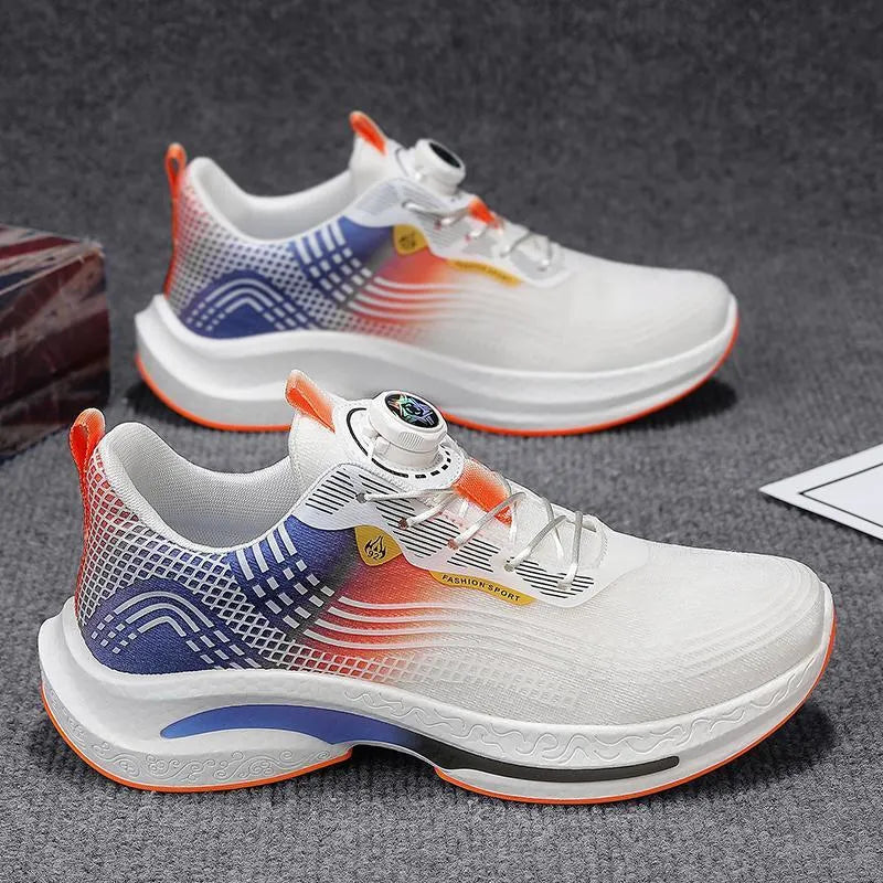 Men's white and blue mesh sneaker with a rotating buckle closure and rubber sole.