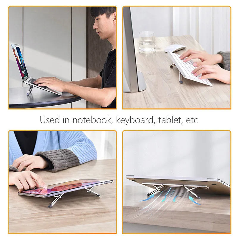 Silver aluminium laptop cooling stand with height adjustment mechanism on desktop