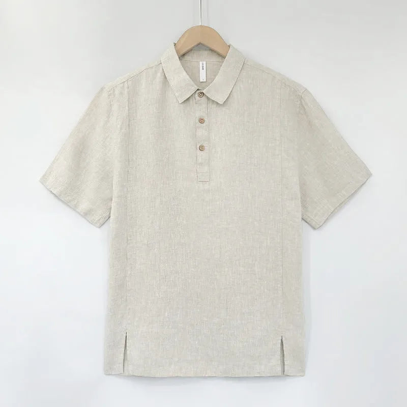 Men's loose grey green linen summer top with thin lapels and short sleeves