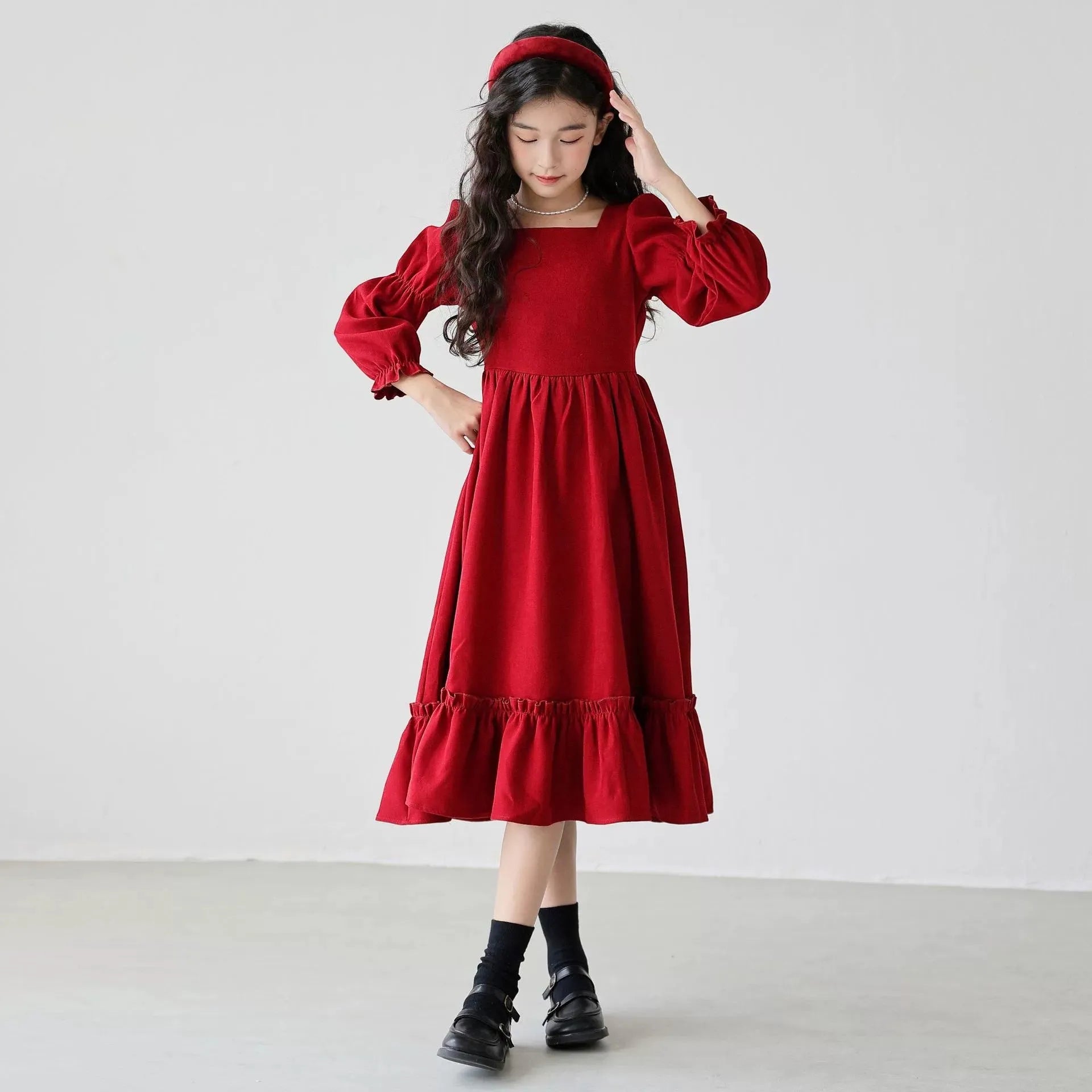 Girl's long sleeve solid colour red dress with square neckline and flounce skirt, polyester fabric