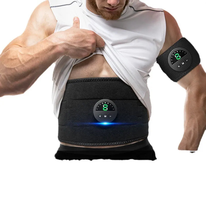 Black fitness belt with display screen host unit for waist and abdomen shaping workouts.