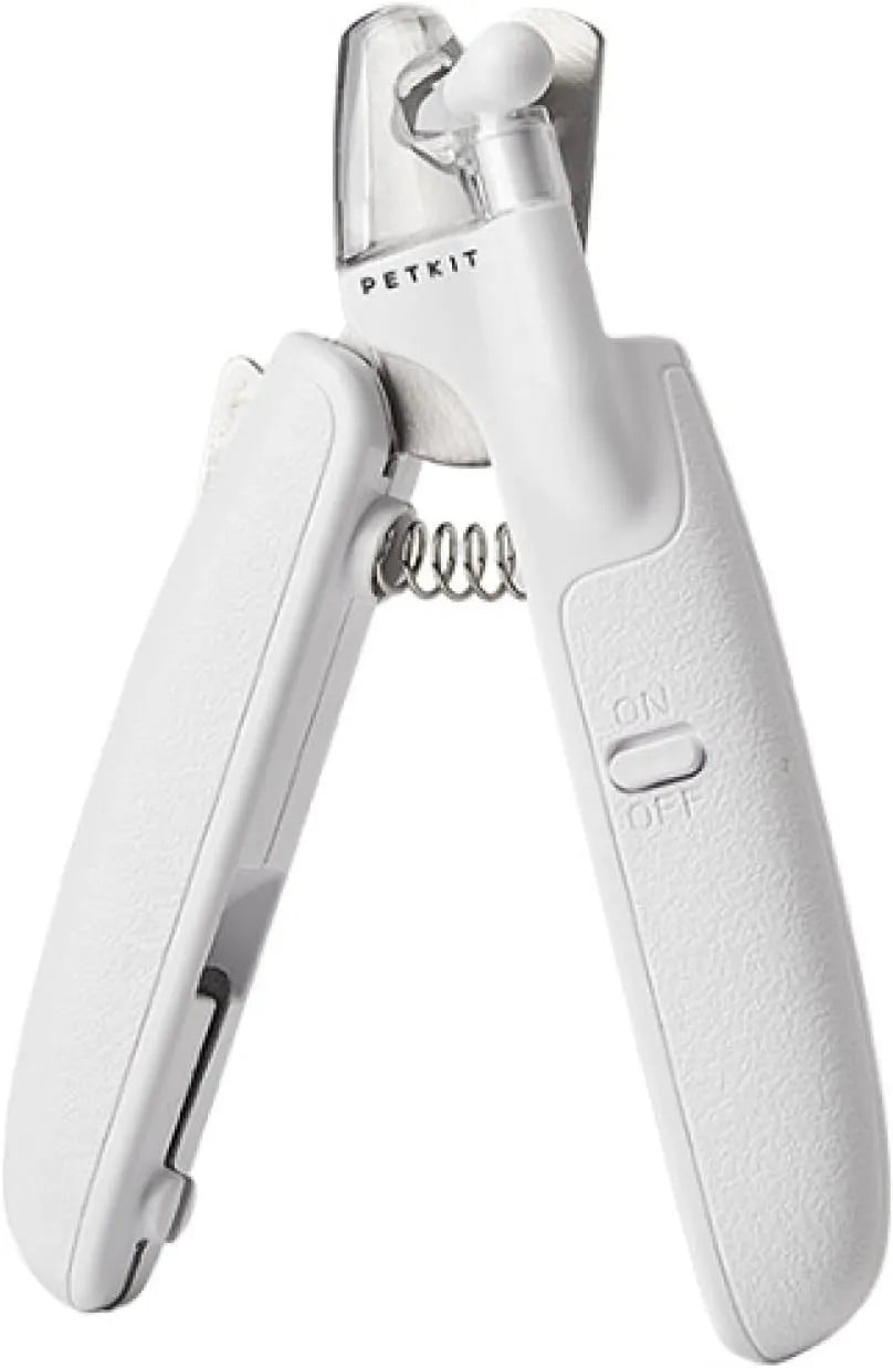 White LED pet nail clippers for cats and dogs with open transparent safety guard and nail file.