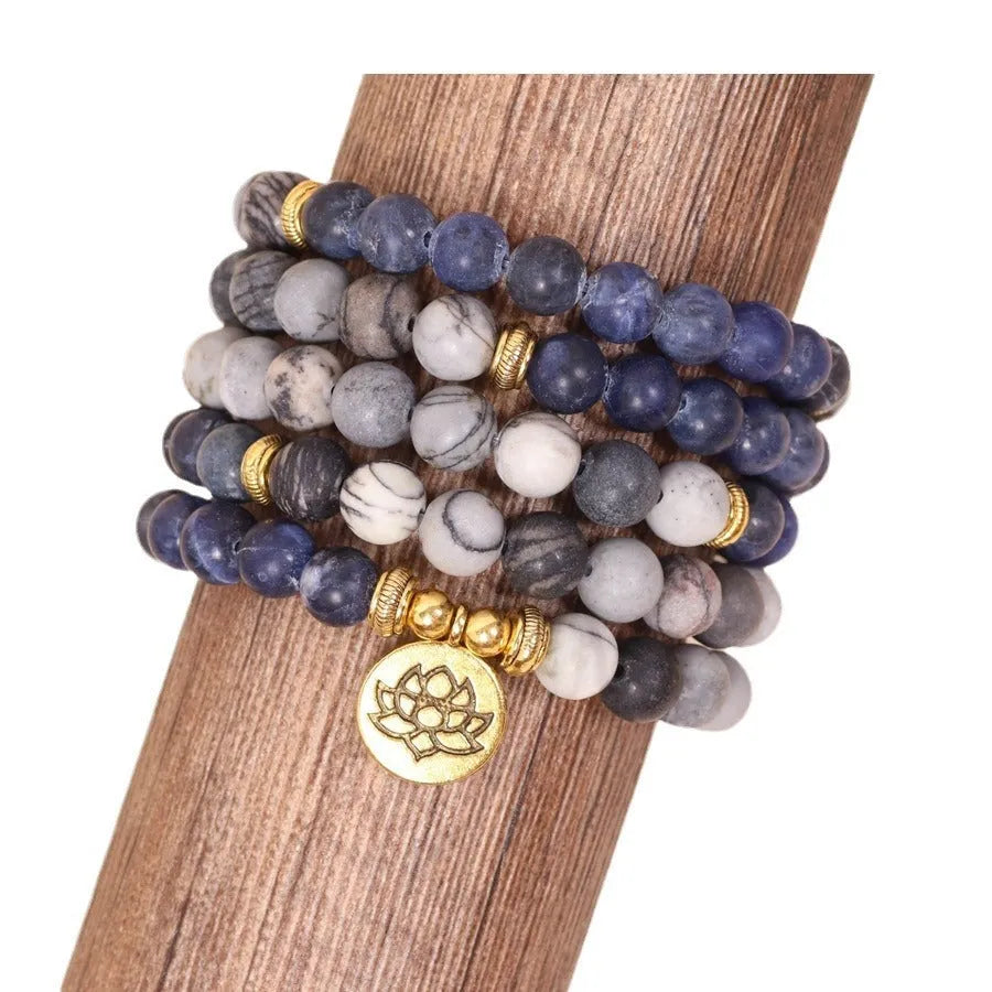 Blue patterned network stone bead multi-layer bracelet with alloy construction and adjustable chain