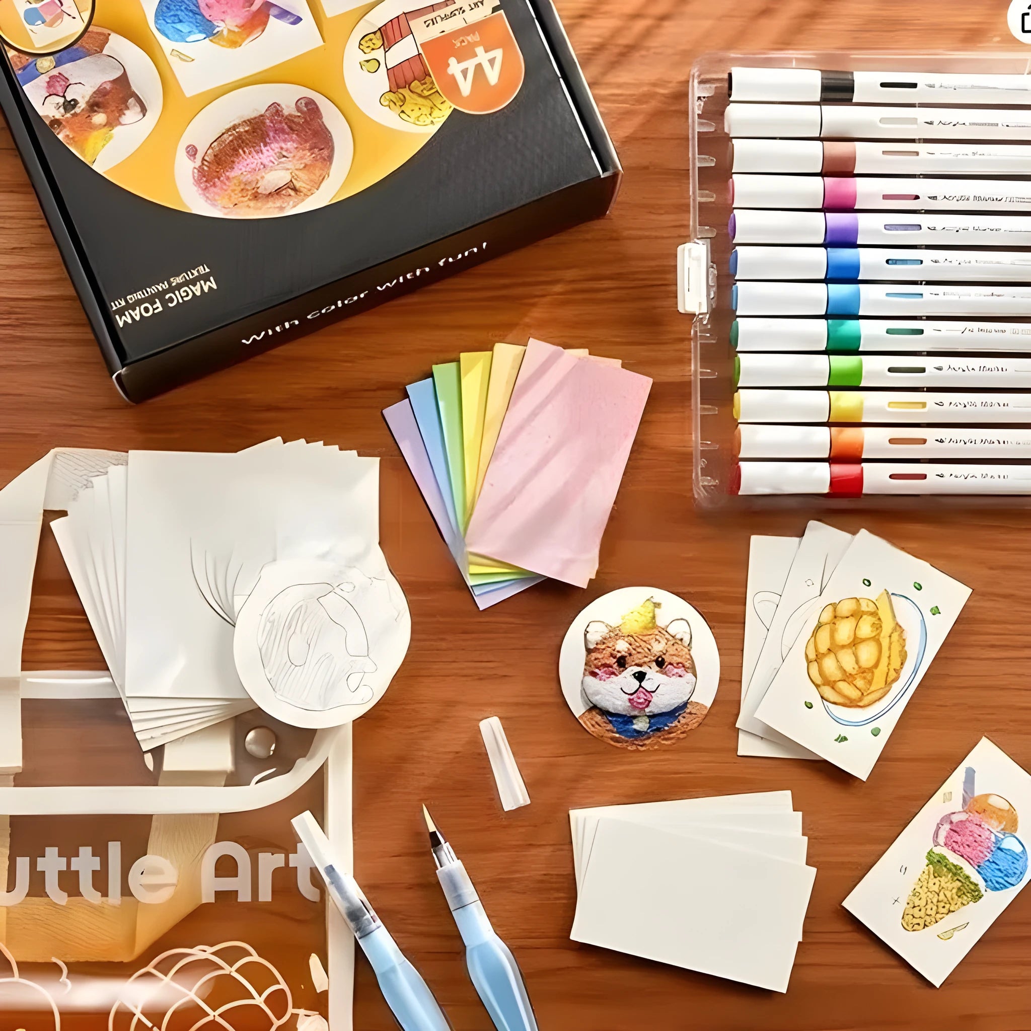DIY brush set with foam grained paper, 12 marker pens, three fountain pens, beads, chain, and mini easel on a table