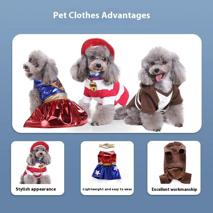 Pet costume collection showing 18 different designs for cats and dogs in polyester cotton fabric