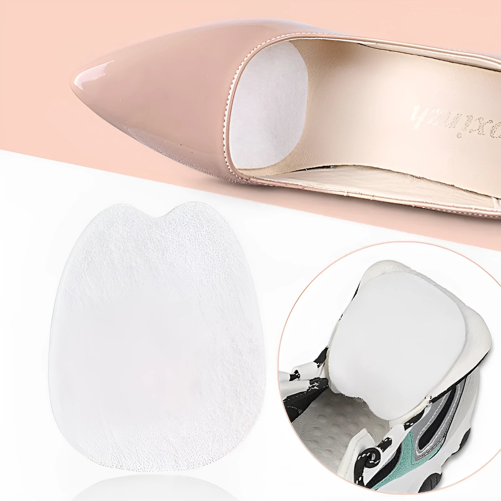 White thin felt shoe tongue stickers showing front pad design for anti-wear protection