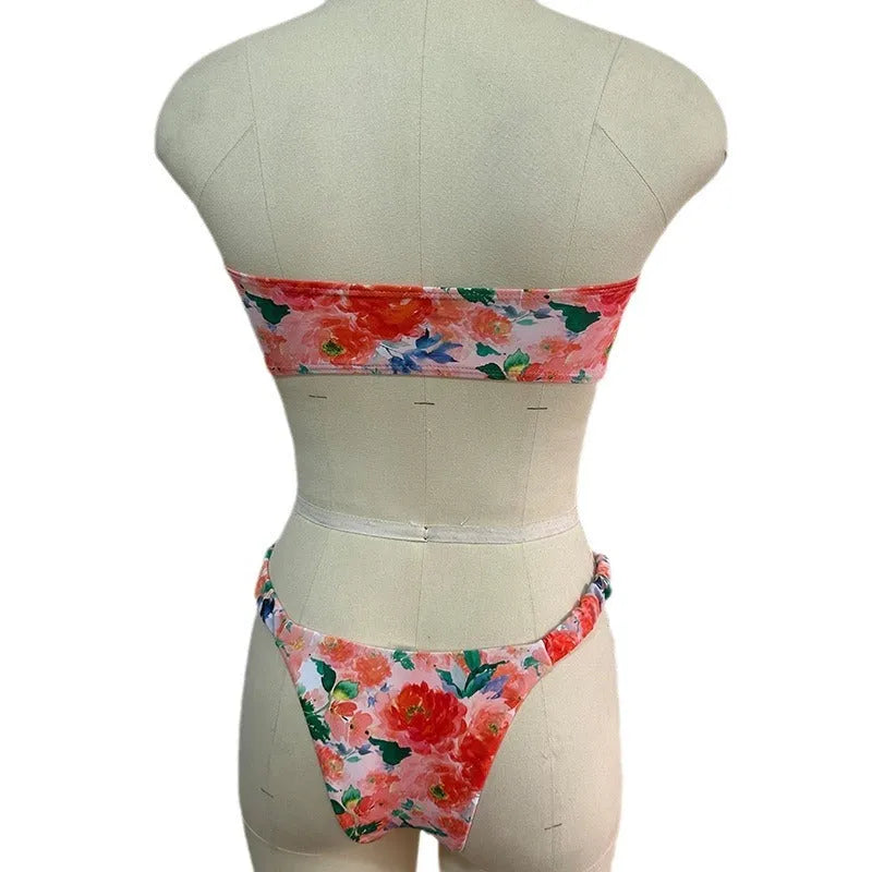 Floral print polyester bikini set with tube top and lace briefs in multiple colour options