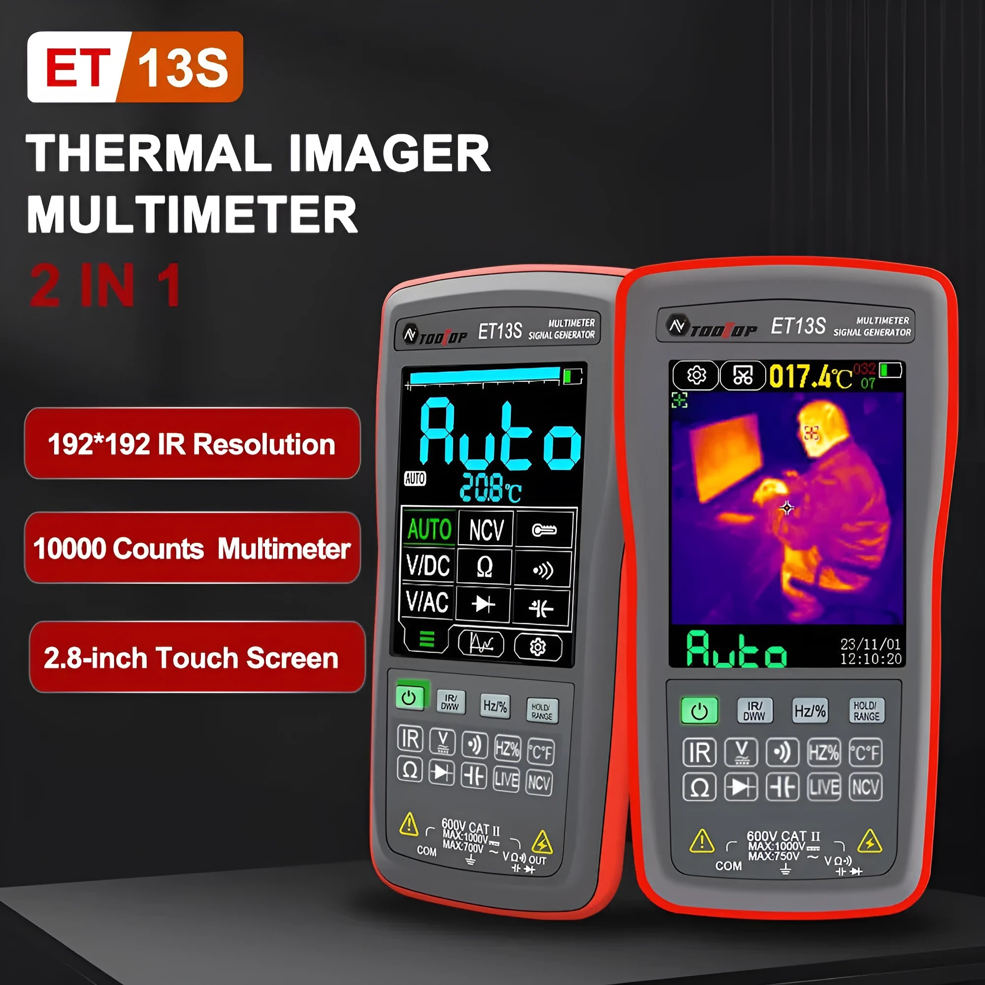 ET13S thermal imaging multimeter showing 192x192 resolution display with touch screen interface