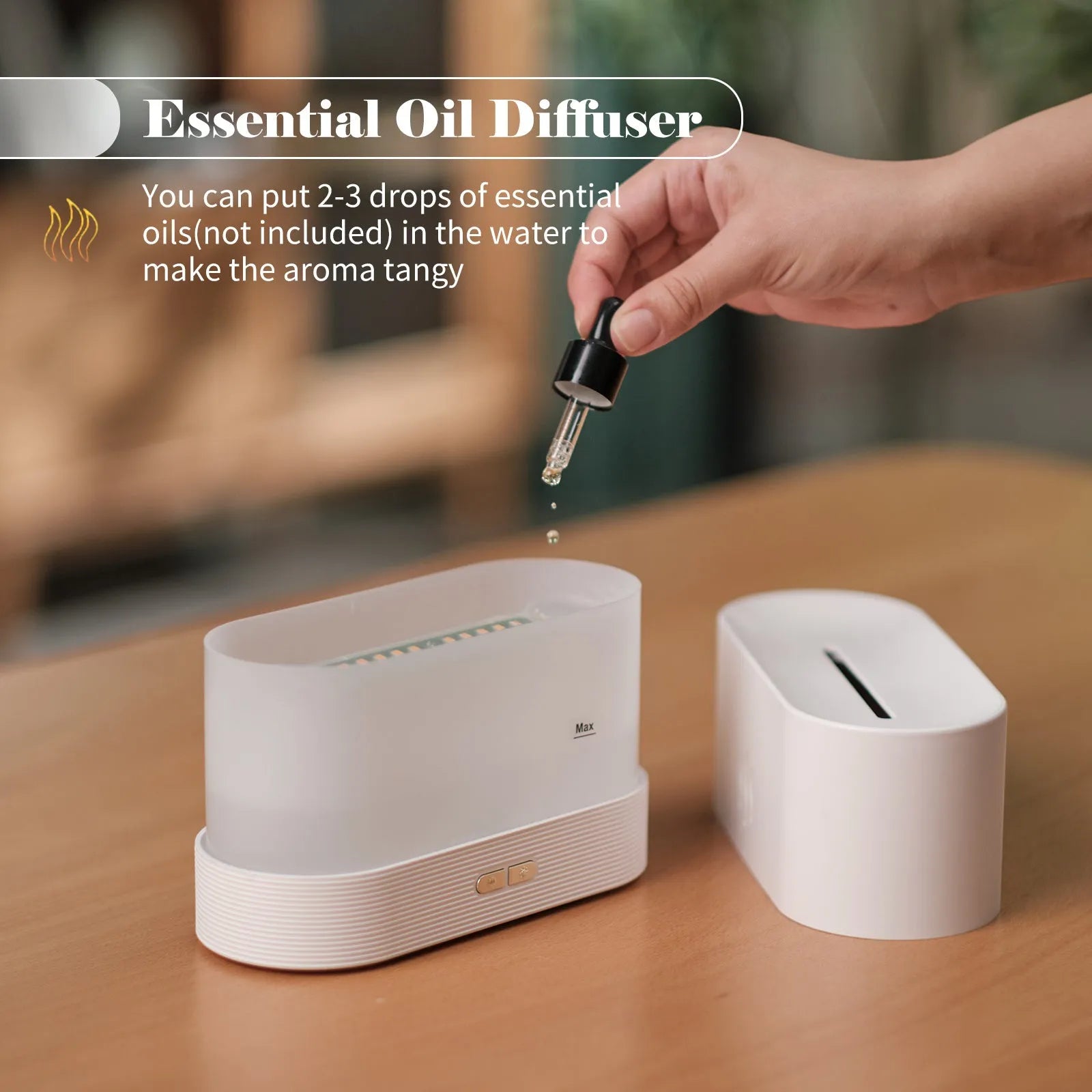 Black square aroma diffuser with flame light effect and mist output