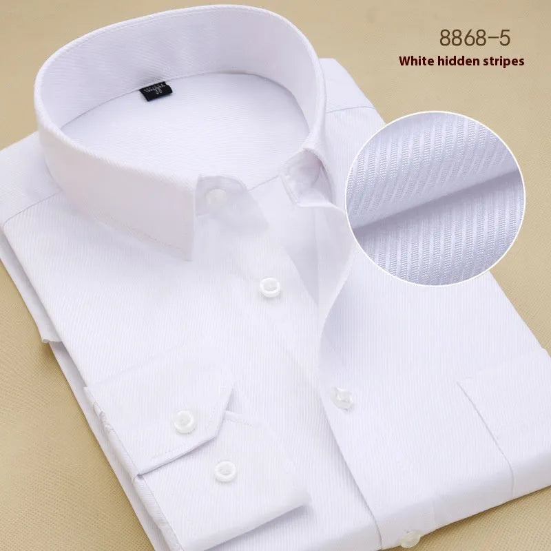 Men's black long-sleeve business slim-fit cotton shirt on a hanger